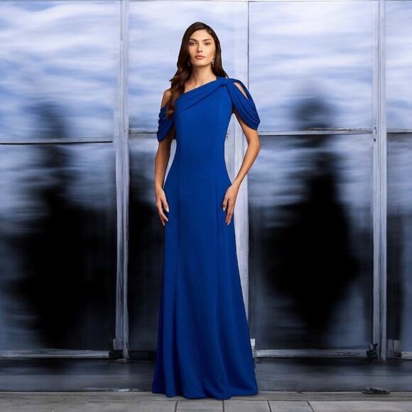 Tadashi Shoji Blue Drape One Shoulder Gown Size Small - Picture 1 of 7